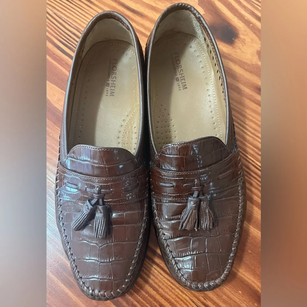 Florsheim Croc Embossed Tassel Loafers Mens 9D Brown Leather Dress Comfort Shoes